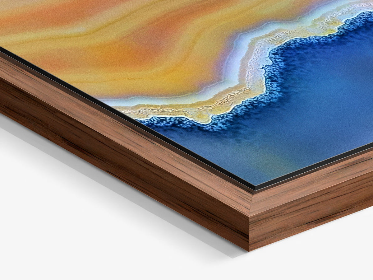 Strata 05 – walnut floater frame close-up, rose and blue layered print | Beau Edition