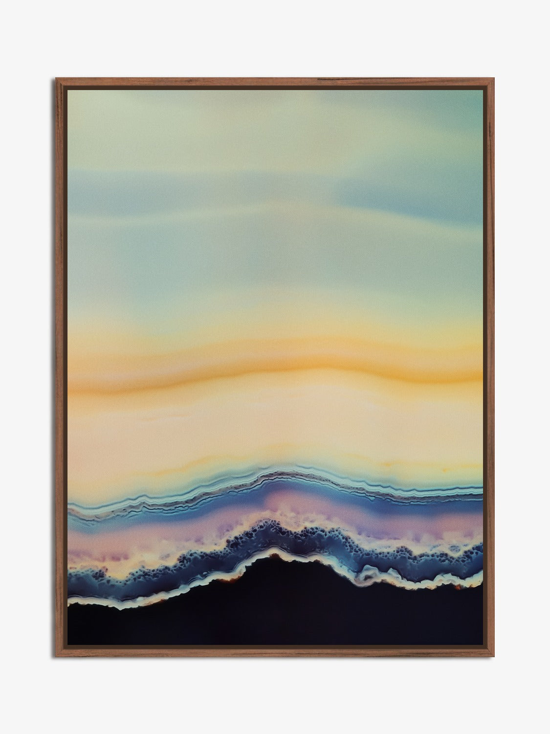Strata 06 – layered bands in pale green, cream and navy, fine art print, walnut floater frame | Beau Edition