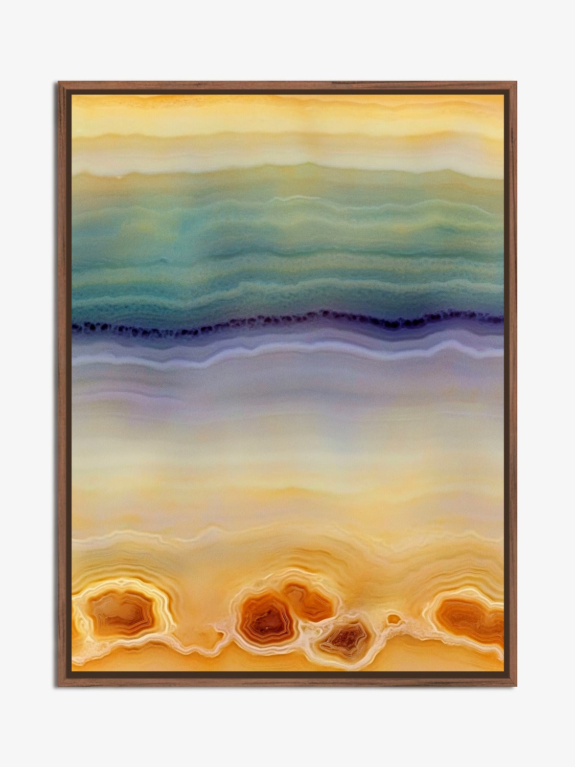 Strata 07 – layered bands in amber, teal and violet, fine art print, walnut floater frame | Beau Edition