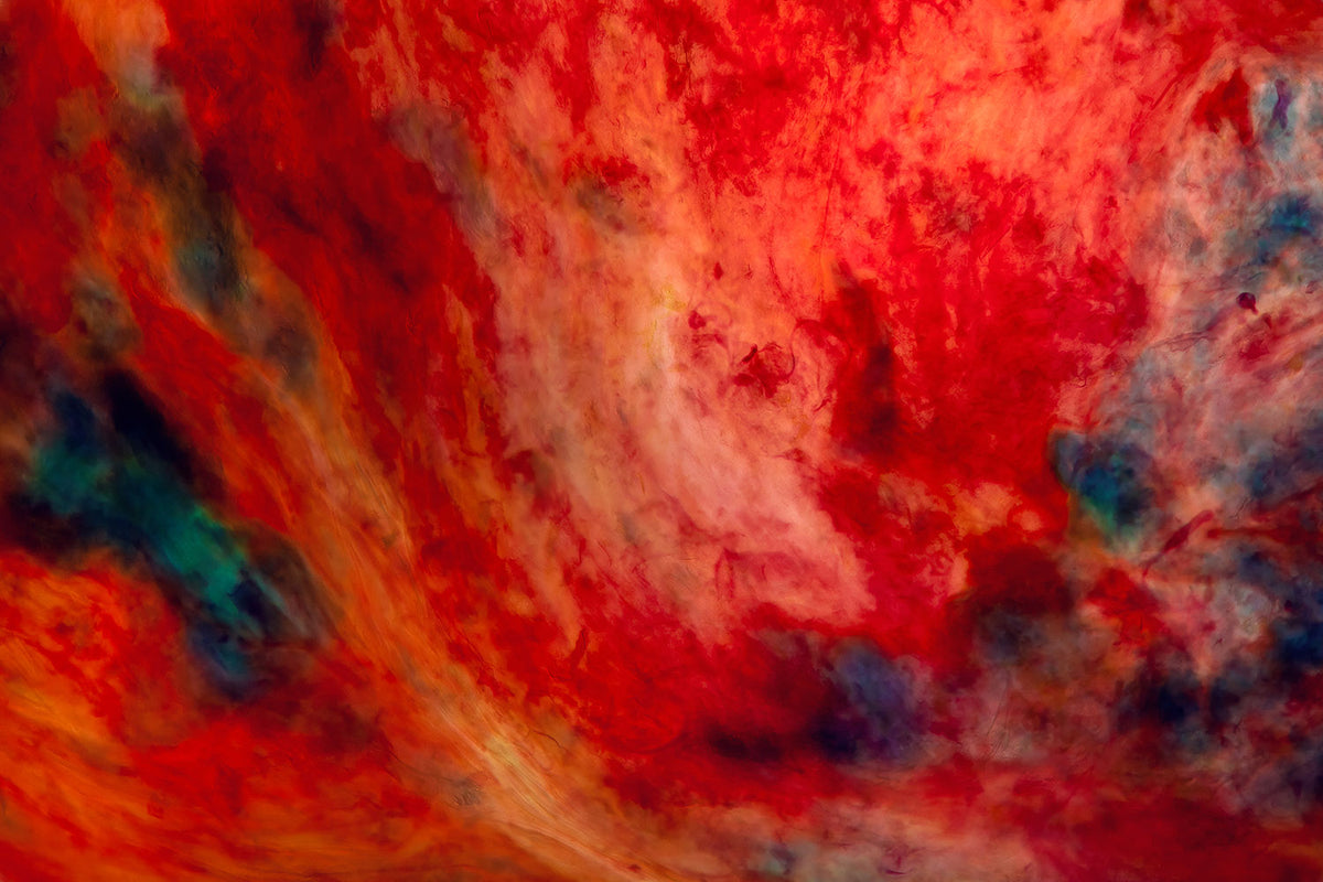 In Between 14 – flamboyant red and orange ink with teal, fine art print | Beau Edition