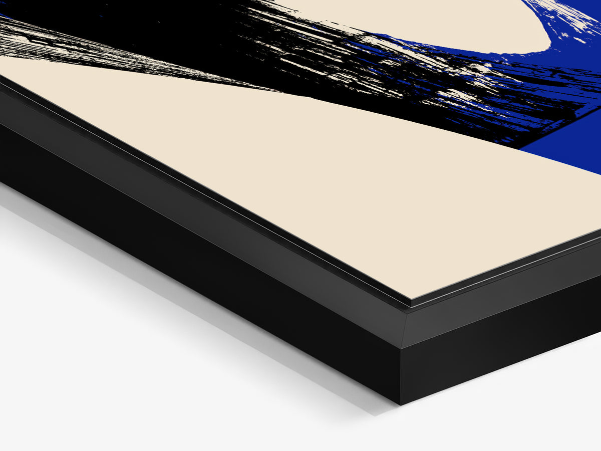 Ink & Concrete 04 – black matt floater frame close-up, black and cobalt blue graphic print | Beau Edition
