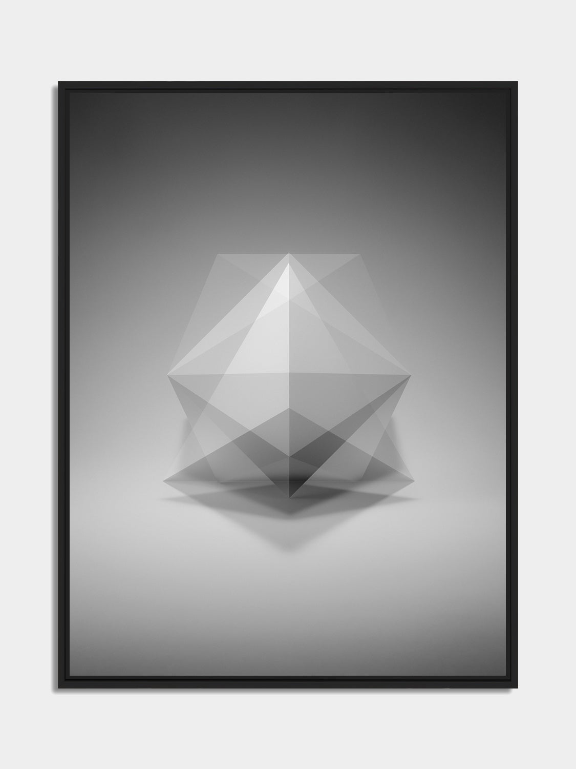 Framed double exposure print of Platonic solids, black matt floater frame, on an office wall — Beau Edition