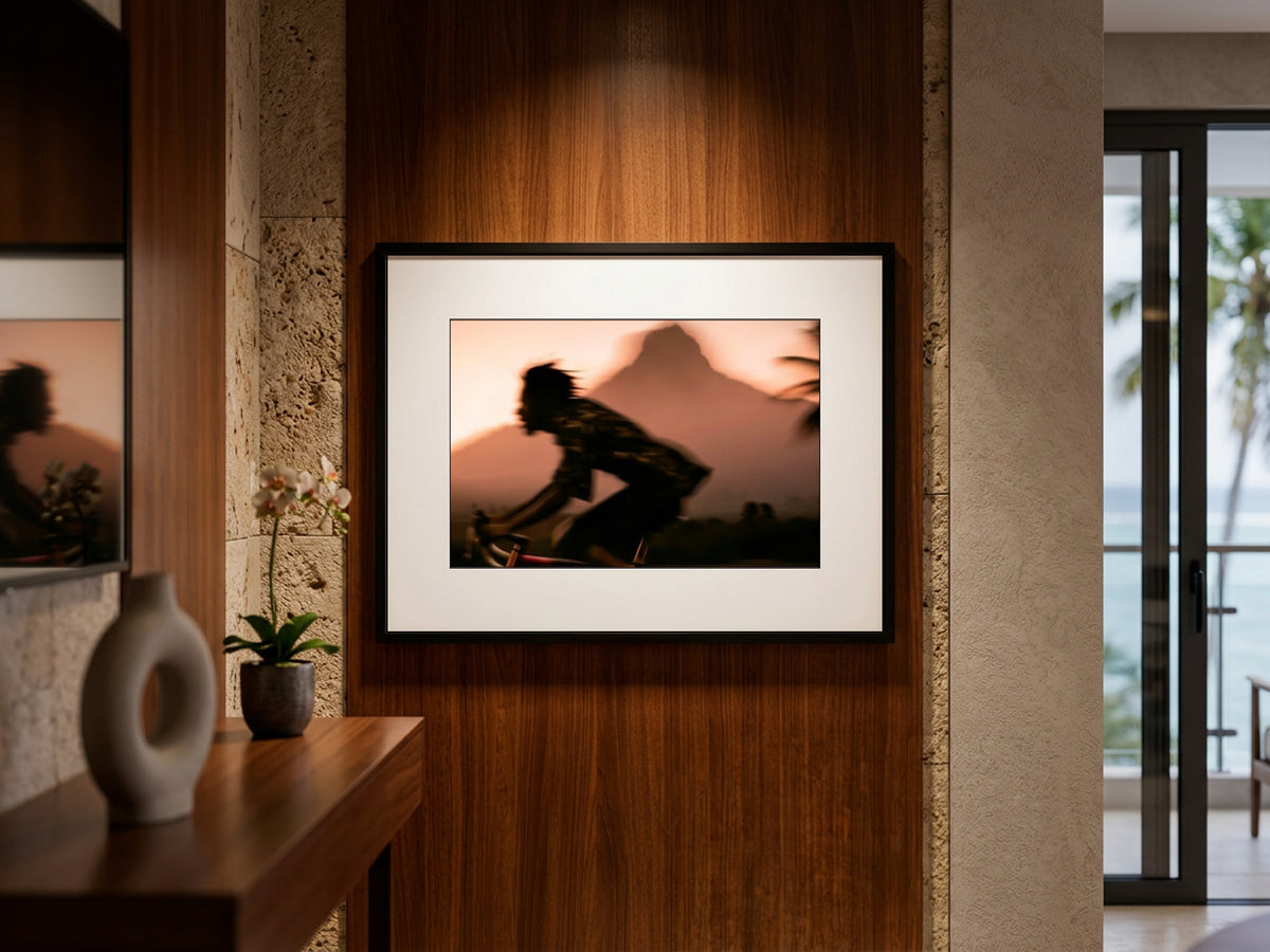 Mauritius 05 – interior wall art, alternate view, cyclist, Cascavelle fine art print | Beau Edition