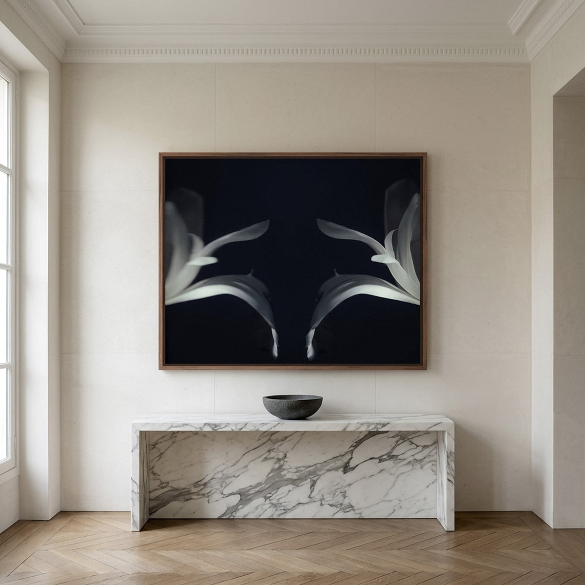 Narcisse 01 – white iris petals fine art print in an interior, walnut floater frame | Beau Edition