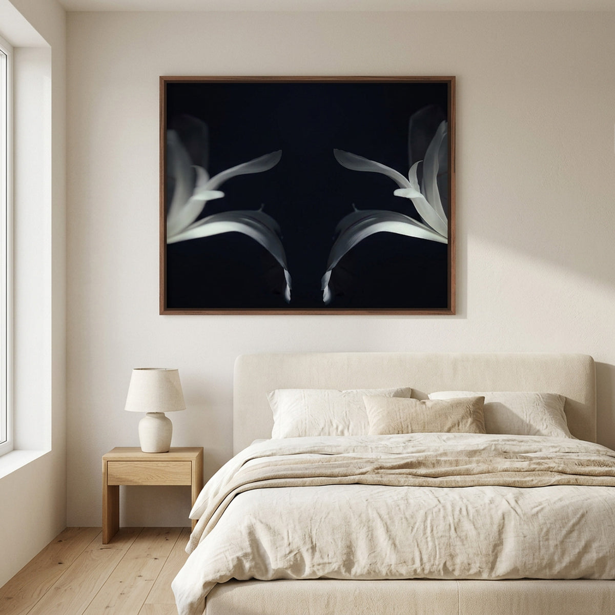 Narcisse 01 – white iris petals fine art print in an interior, walnut floater frame | Beau Edition