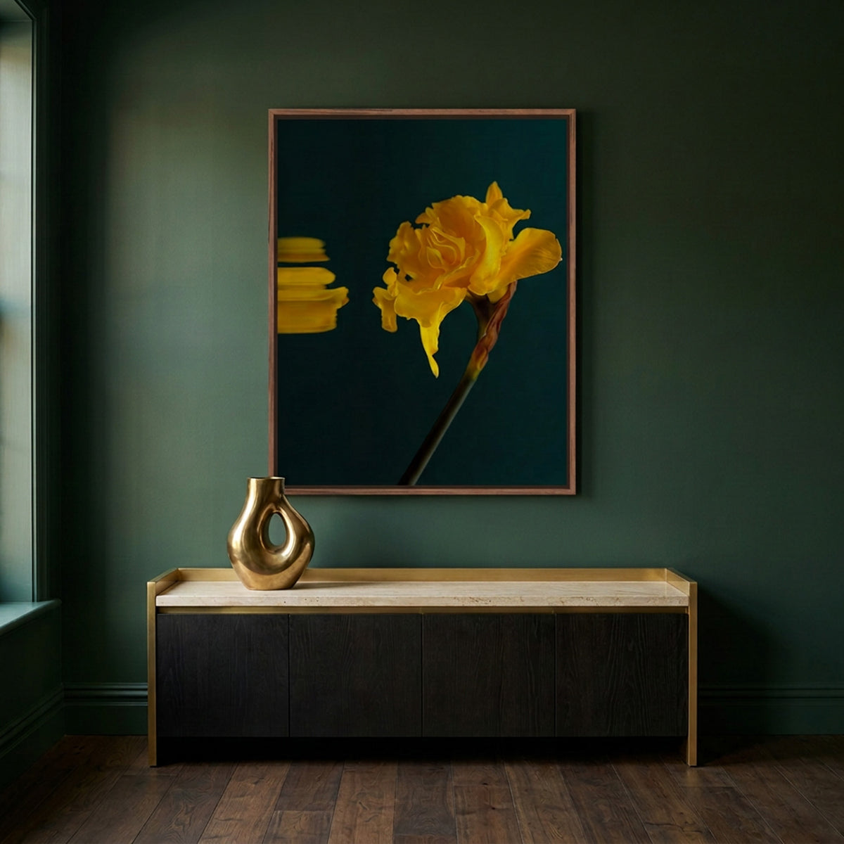 Narcisse 02 – yellow narcissus fine art print in an interior, walnut floater frame | Beau Edition