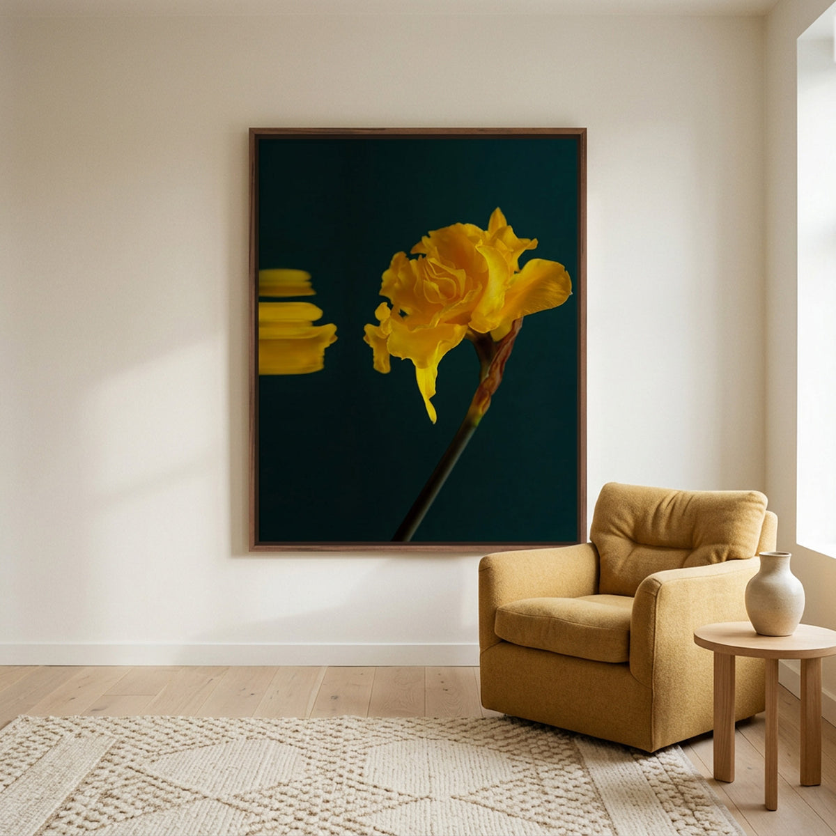 Narcisse 02 – yellow narcissus fine art print in an interior, walnut floater frame | Beau Edition