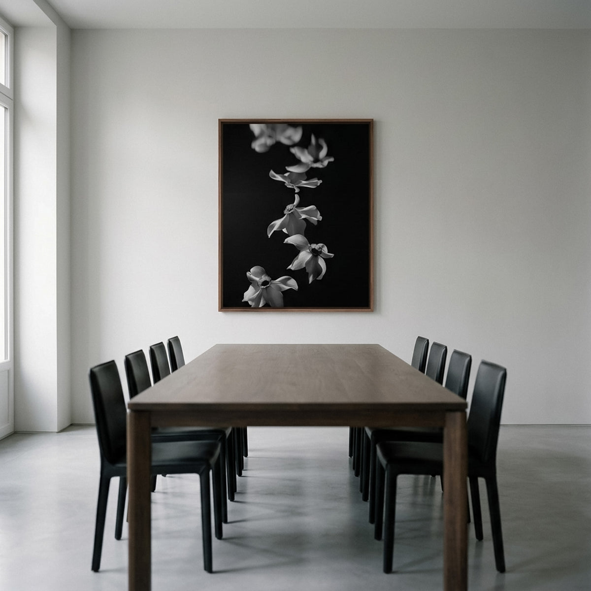 Narcisse 03 – white narcissi fine art print in an interior, walnut floater frame | Beau Edition