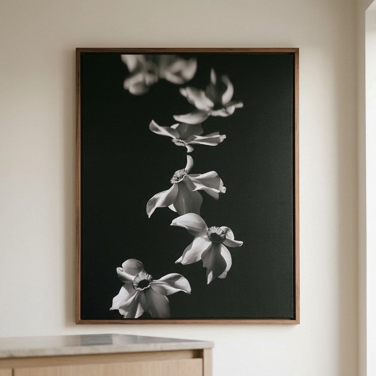 Narcisse 03 – white narcissi fine art print in an interior, walnut floater frame | Beau Edition