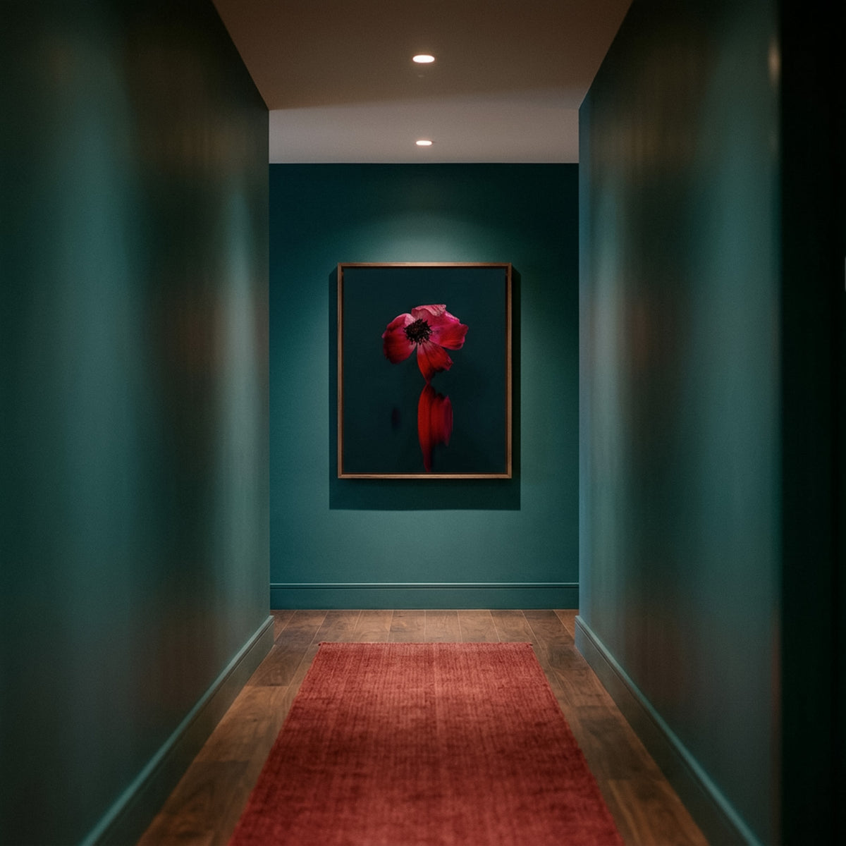 Narcisse 04 – red anemone fine art print in an interior, walnut floater frame | Beau Edition