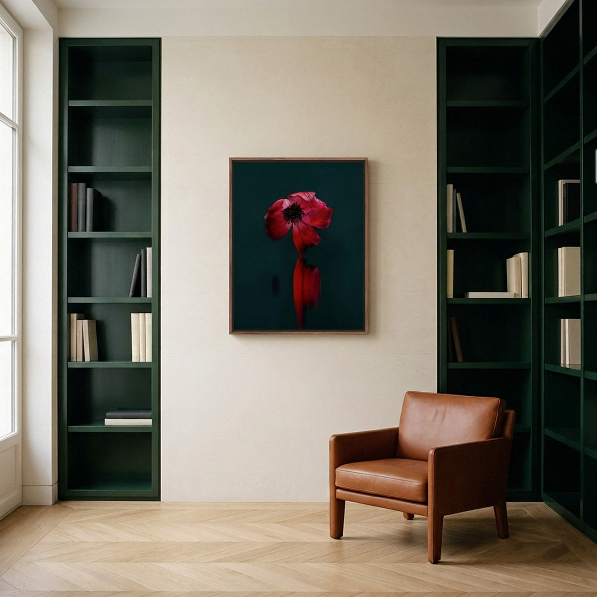 Narcisse 04 – red anemone fine art print in an interior, walnut floater frame | Beau Edition