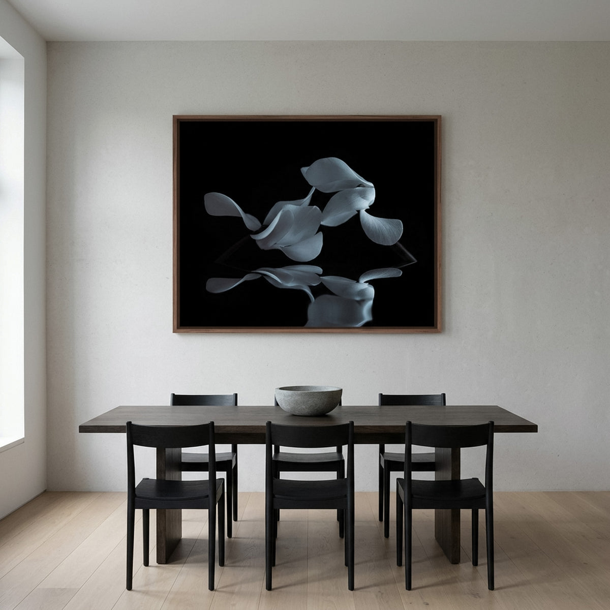 Narcisse 05 – cyclamen petals fine art print in an interior, walnut floater frame | Beau Edition