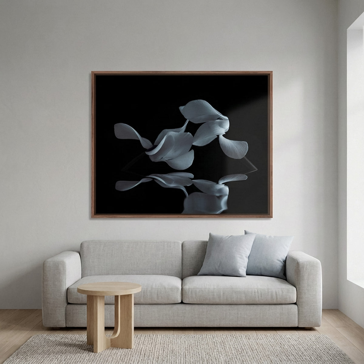 Narcisse 05 – cyclamen petals fine art print in an interior, walnut floater frame | Beau Edition