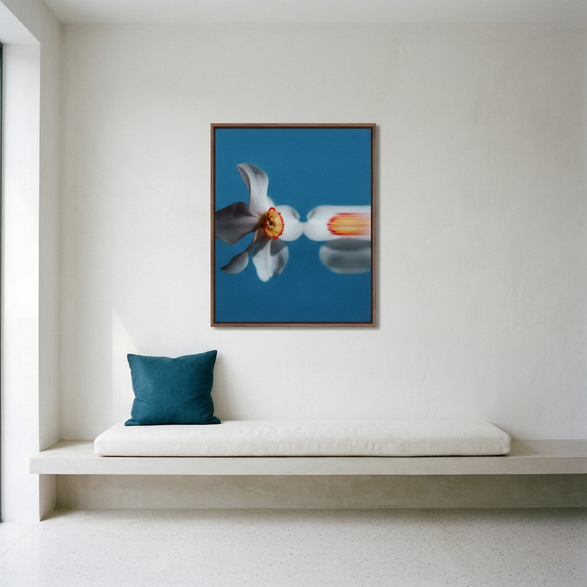 Narcisse 07 – white narcissus fine art print in an interior, walnut floater frame | Beau Edition