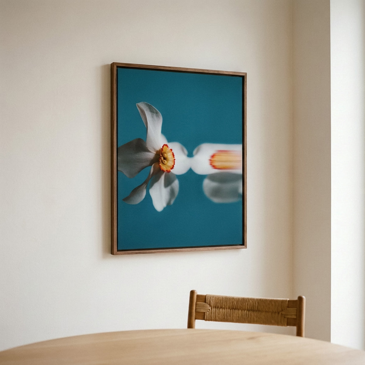 Narcisse 07 – white narcissus fine art print in an interior, walnut floater frame | Beau Edition