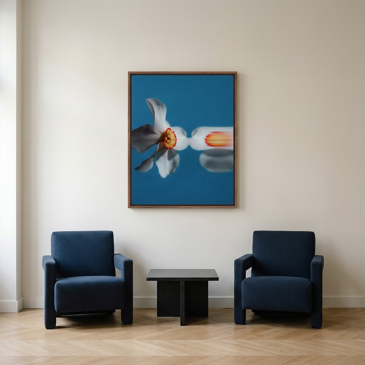 Narcisse 07 – white narcissus fine art print in an interior, walnut floater frame | Beau Edition