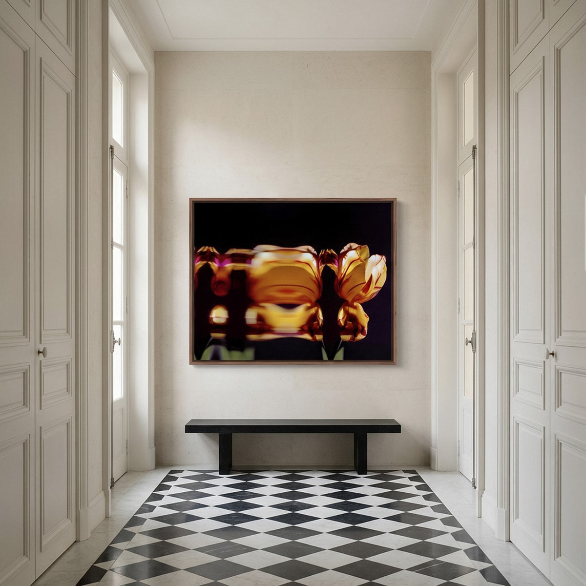 Narcisse 08 – amber tulip fine art print in an interior, walnut floater frame | Beau Edition