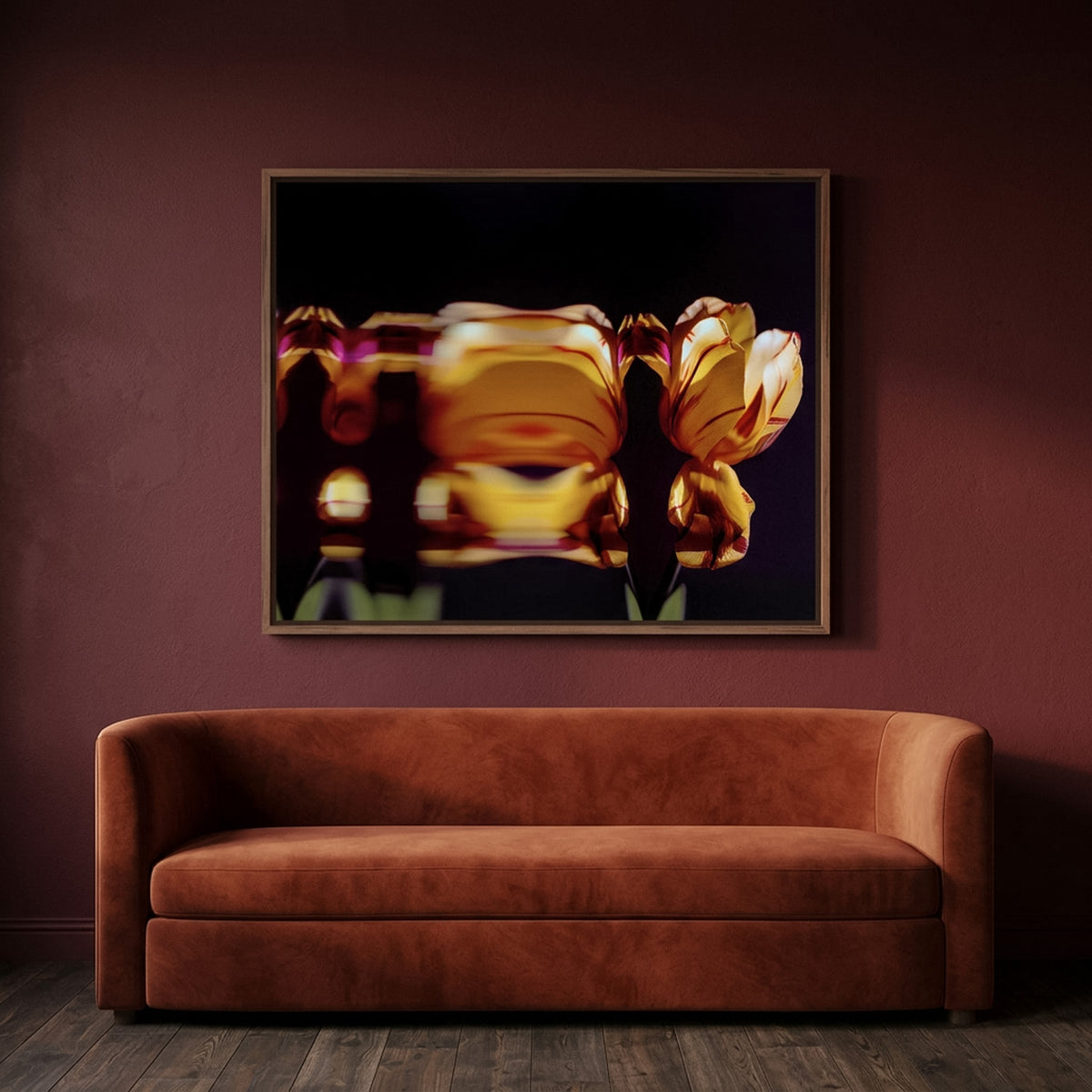 Narcisse 08 – amber tulip fine art print in an interior, walnut floater frame | Beau Edition
