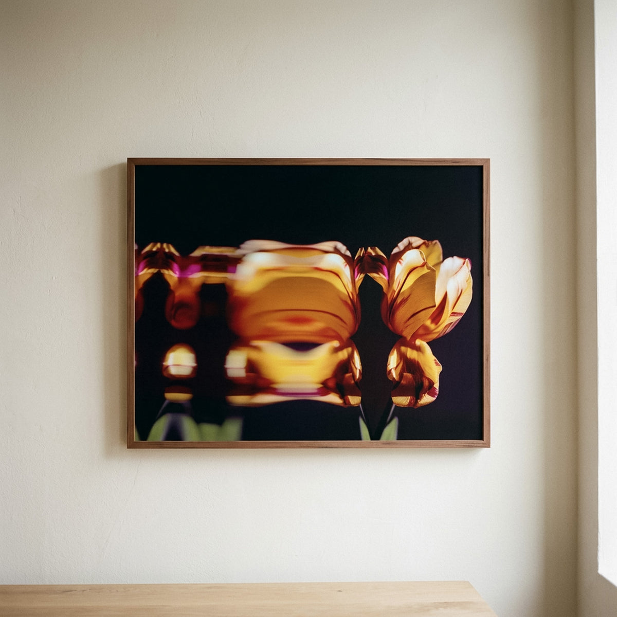 Narcisse 08 – amber tulip fine art print in an interior, walnut floater frame | Beau Edition