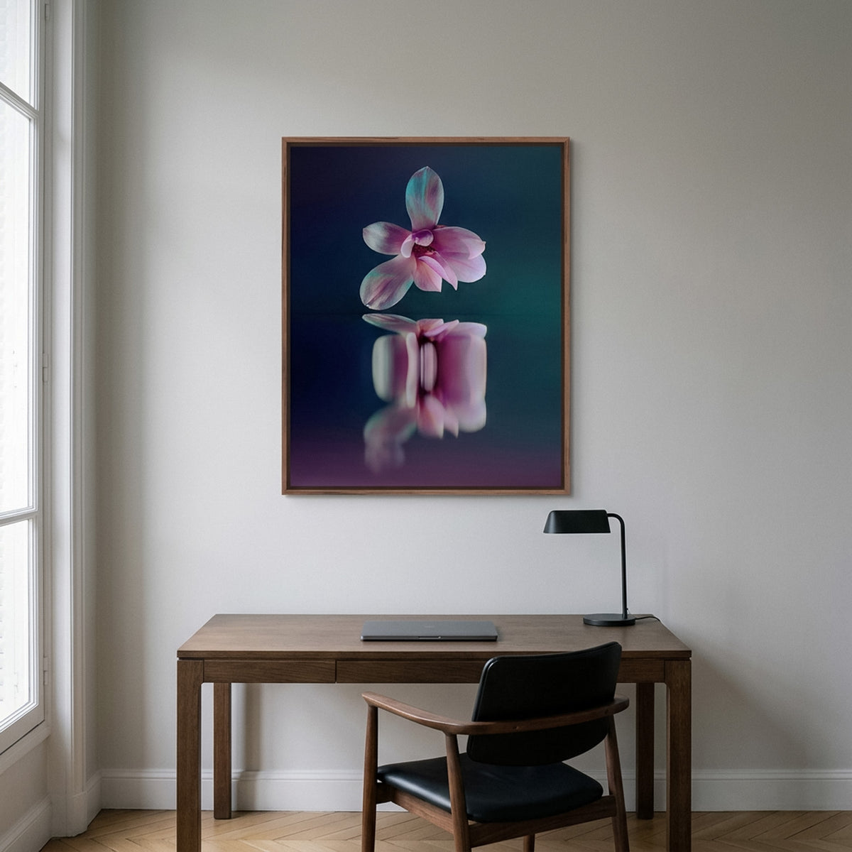 Narcisse 09 – pink magnolia fine art print in an interior, walnut floater frame | Beau Edition