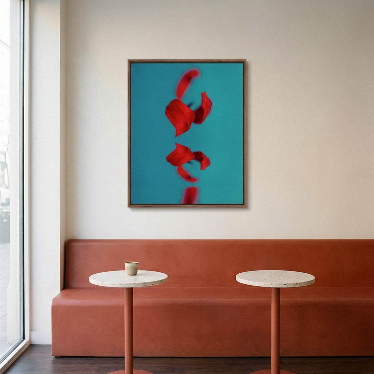 Narcisse 10 – abstract red tulip fine art print in an interior, walnut floater frame | Beau Edition