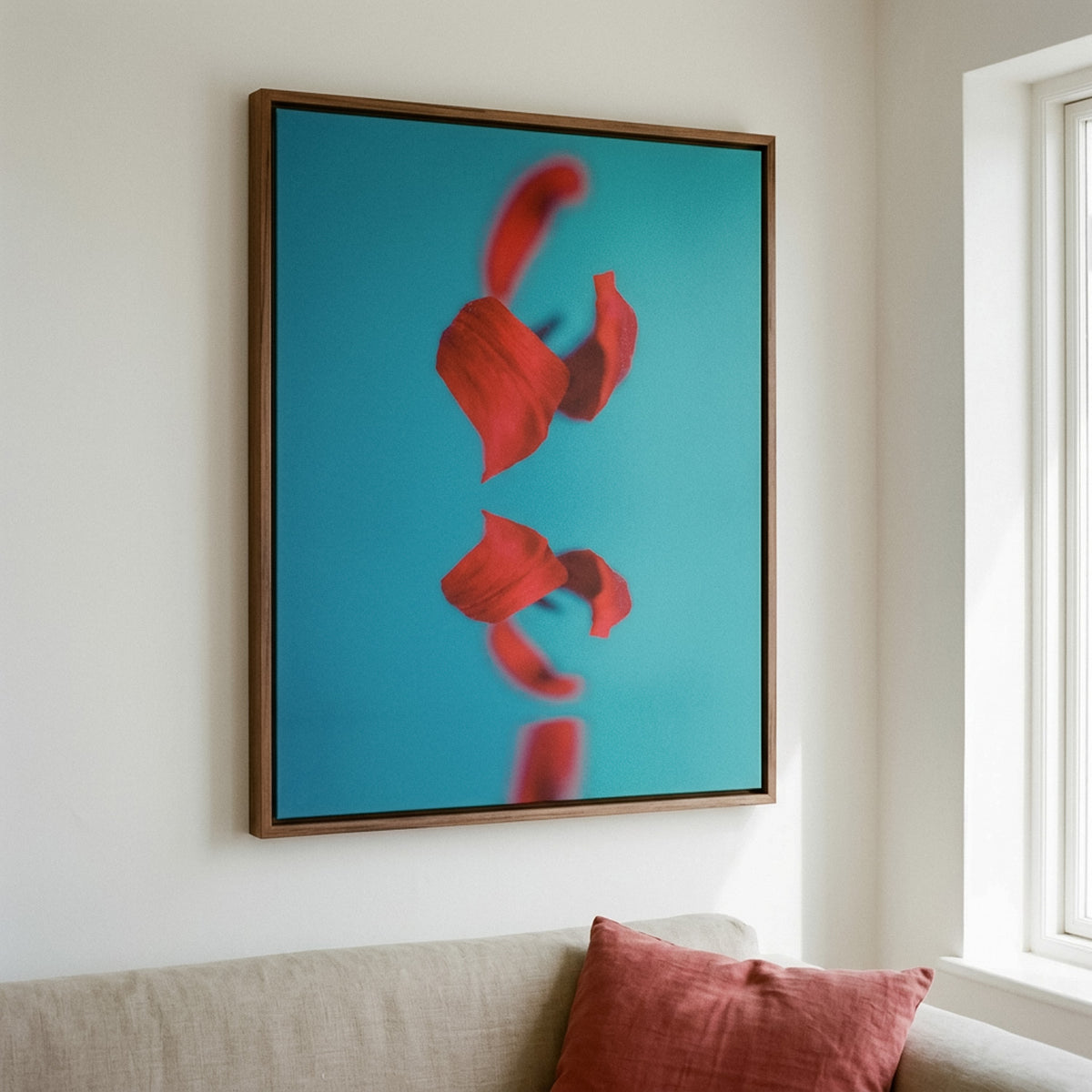 Narcisse 10 – abstract red tulip fine art print in an interior, walnut floater frame | Beau Edition