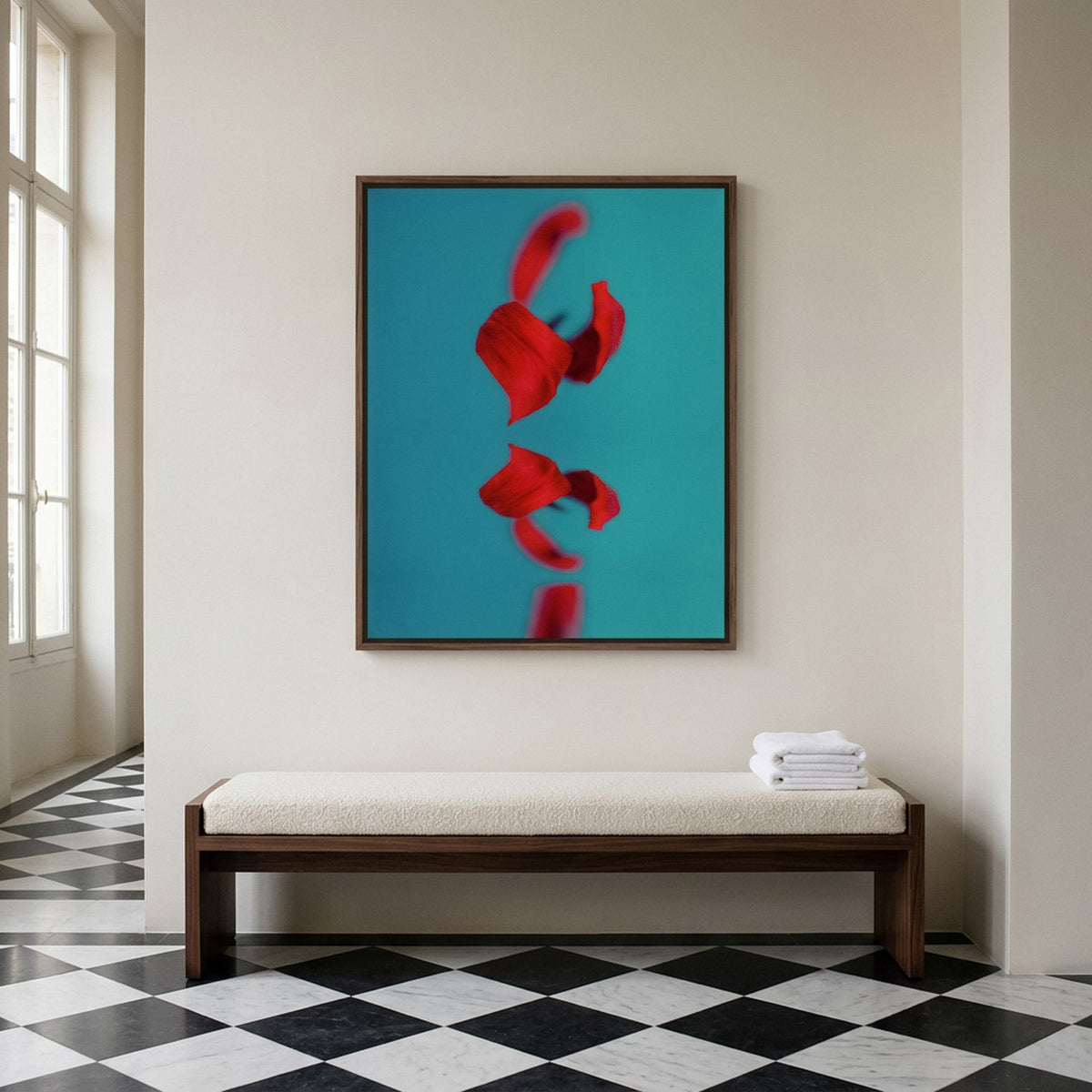 Narcisse 10 – abstract red tulip fine art print in an interior, walnut floater frame | Beau Edition