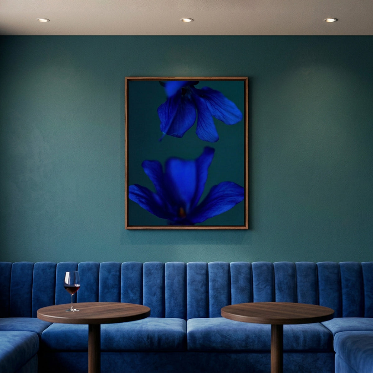 Narcisse 11 – deep blue flower fine art print in an interior, walnut floater frame | Beau Edition