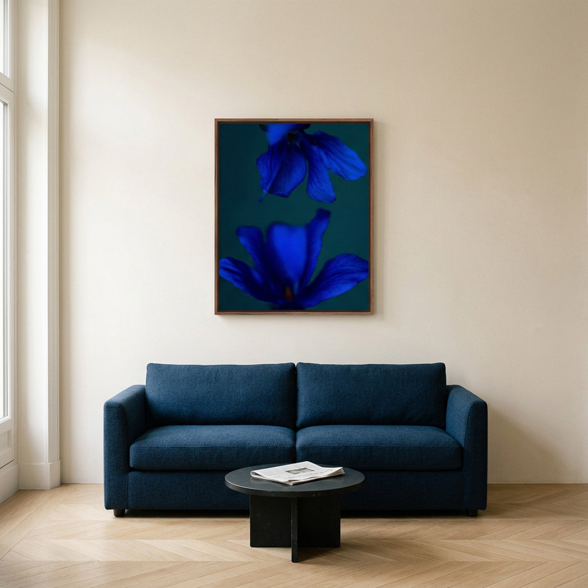 Narcisse 11 – deep blue flower fine art print in an interior, walnut floater frame | Beau Edition