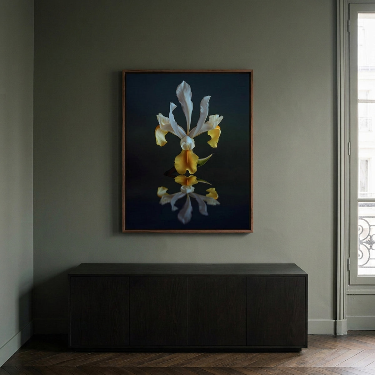 Narcisse 12 – white and gold iris fine art print in an interior, walnut floater frame | Beau Edition
