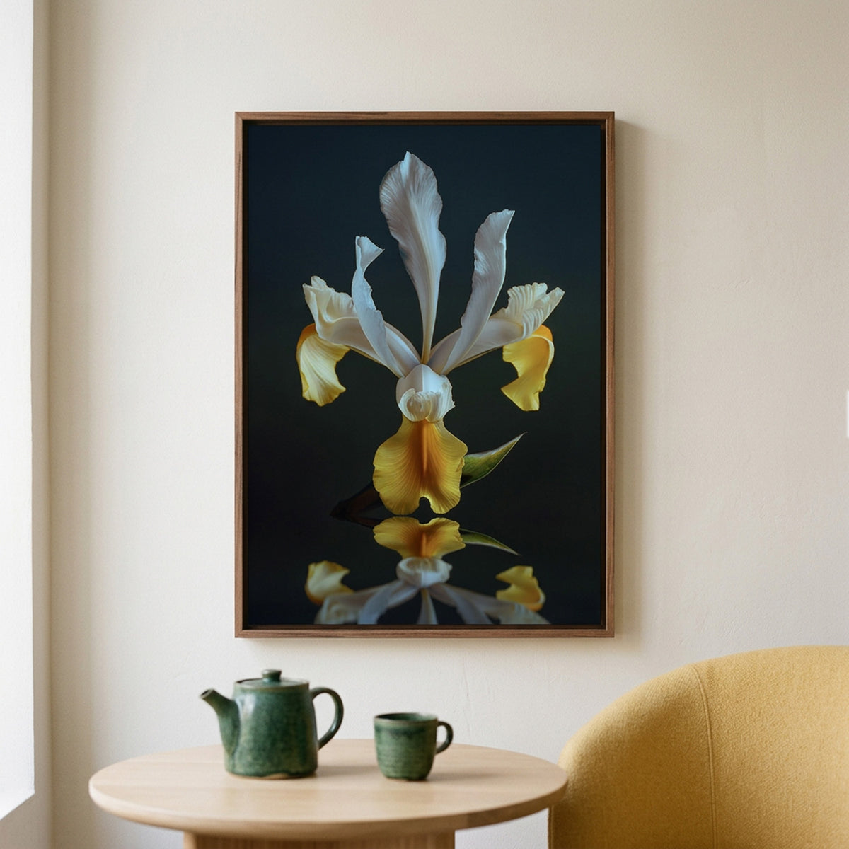Narcisse 12 – white and gold iris fine art print in an interior, walnut floater frame | Beau Edition