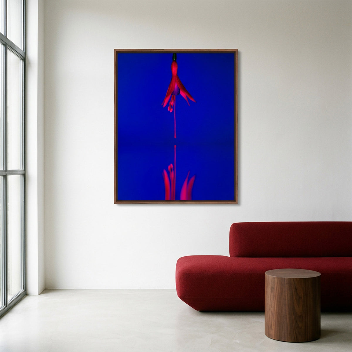 Narcisse 13 – fuchsia fine art print in an interior, walnut floater frame | Beau Edition