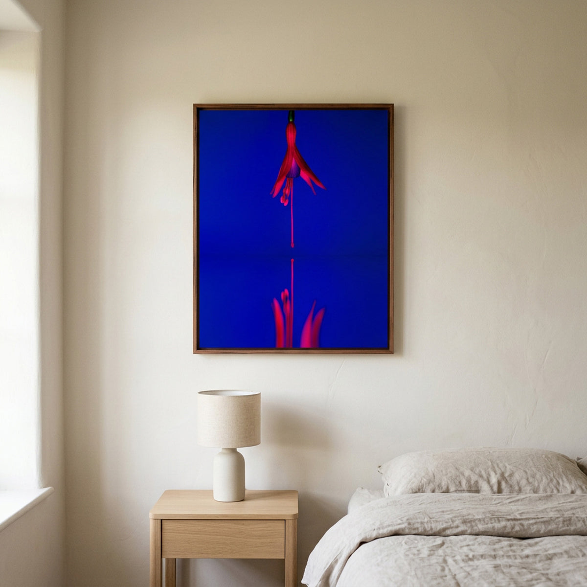 Narcisse 13 – fuchsia fine art print in an interior, walnut floater frame | Beau Edition