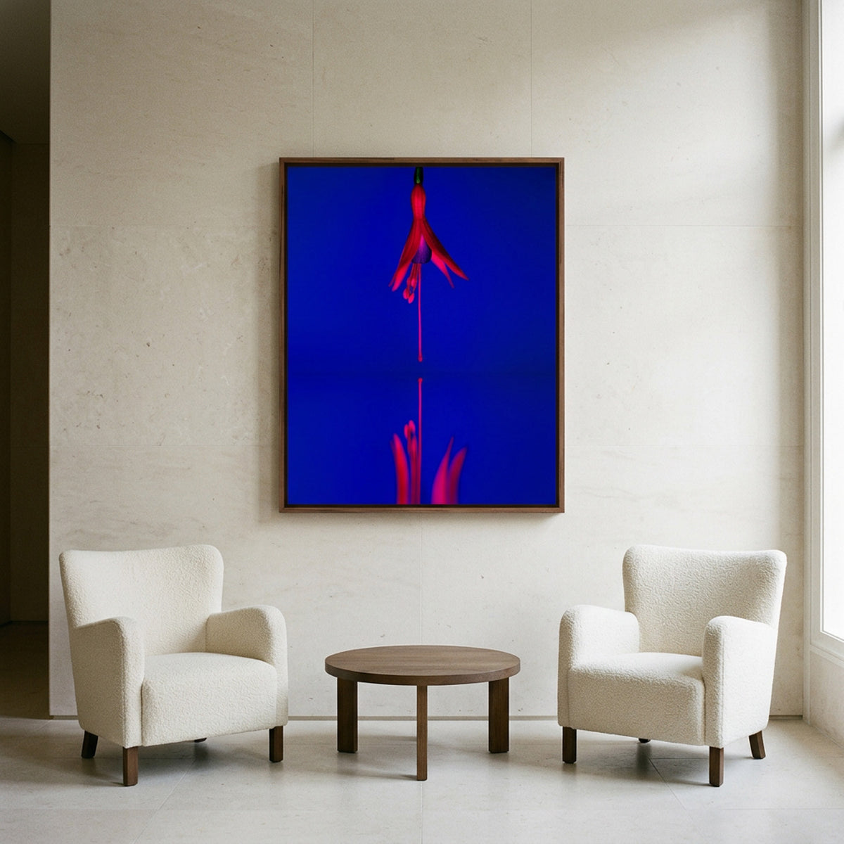 Narcisse 13 – fuchsia fine art print in an interior, walnut floater frame | Beau Edition