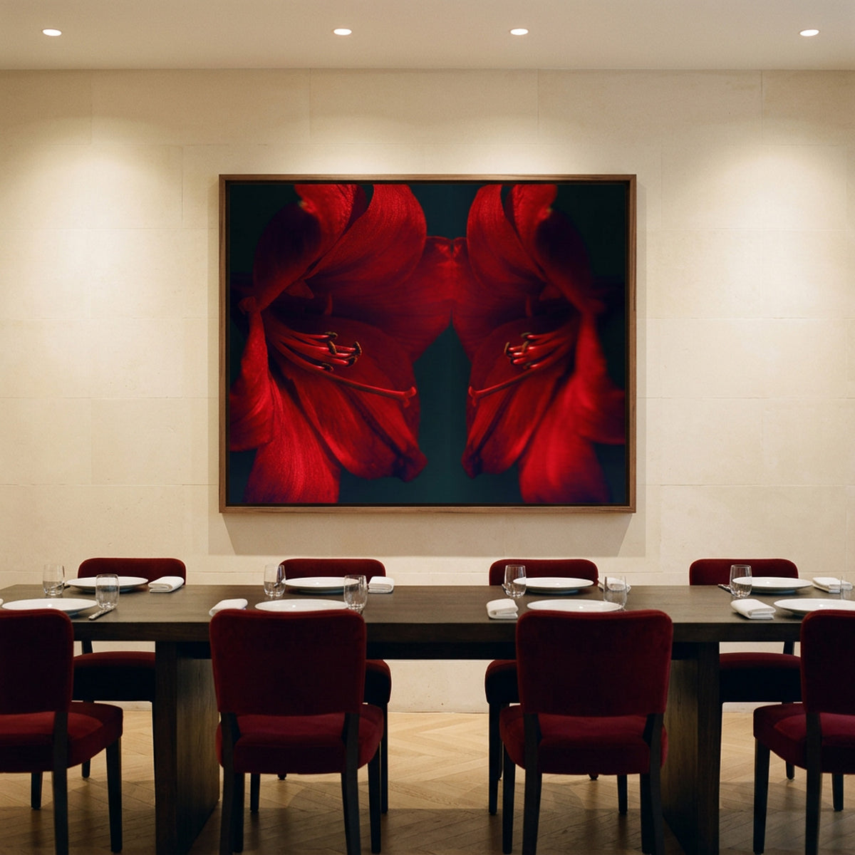 Narcisse 14 – red amaryllis fine art print in an interior, walnut floater frame | Beau Edition