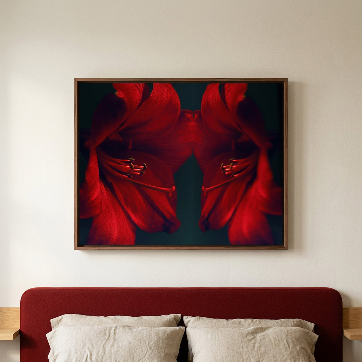 Narcisse 14 – red amaryllis fine art print in an interior, walnut floater frame | Beau Edition