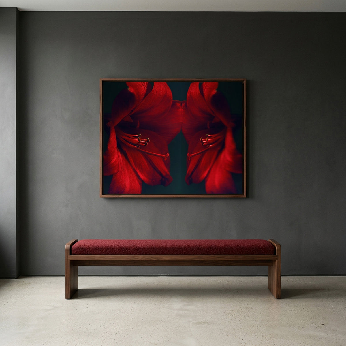 Narcisse 14 – red amaryllis fine art print in an interior, walnut floater frame | Beau Edition