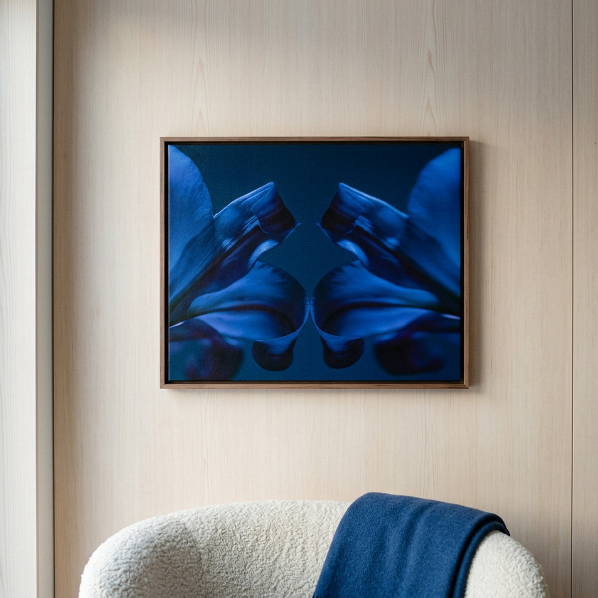 Narcisse 15 – blue lilies fine art print in an interior, walnut floater frame | Beau Edition
