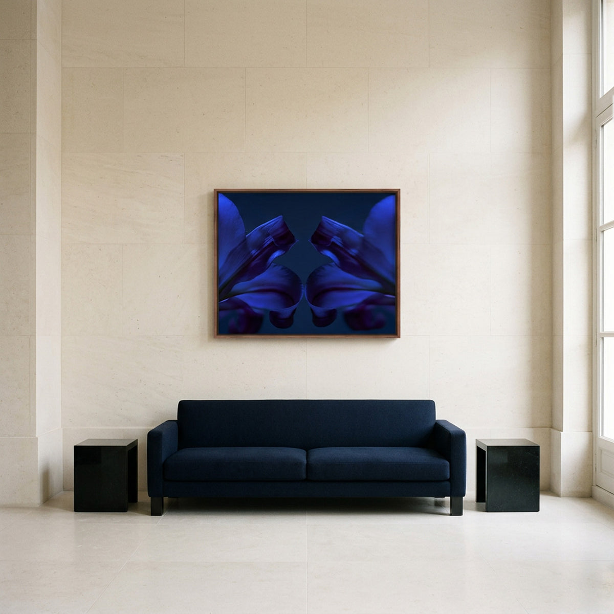 Narcisse 15 – blue lilies fine art print in an interior, walnut floater frame | Beau Edition