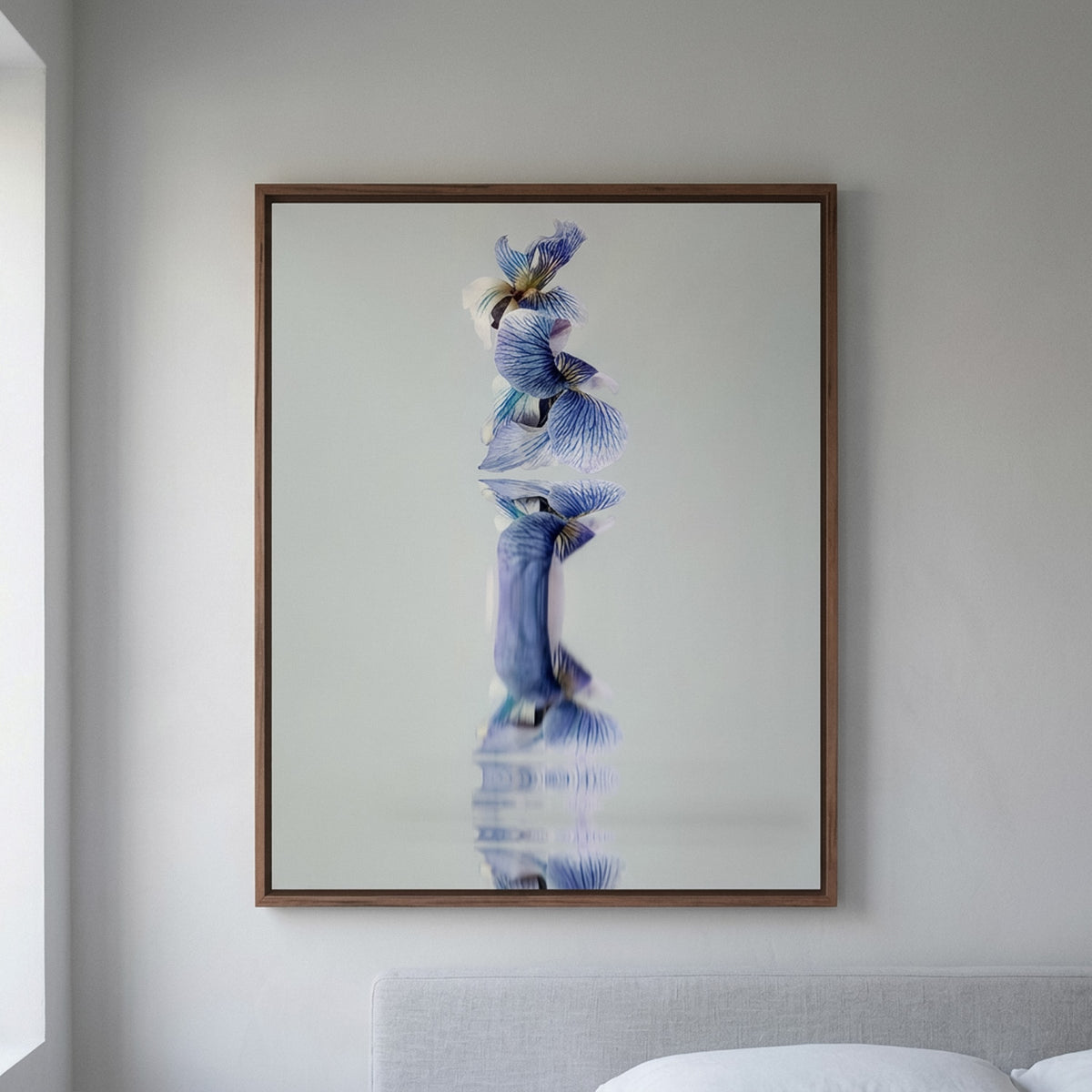 Narcisse 16 – blue wild flowers fine art print in an interior, walnut floater frame | Beau Edition