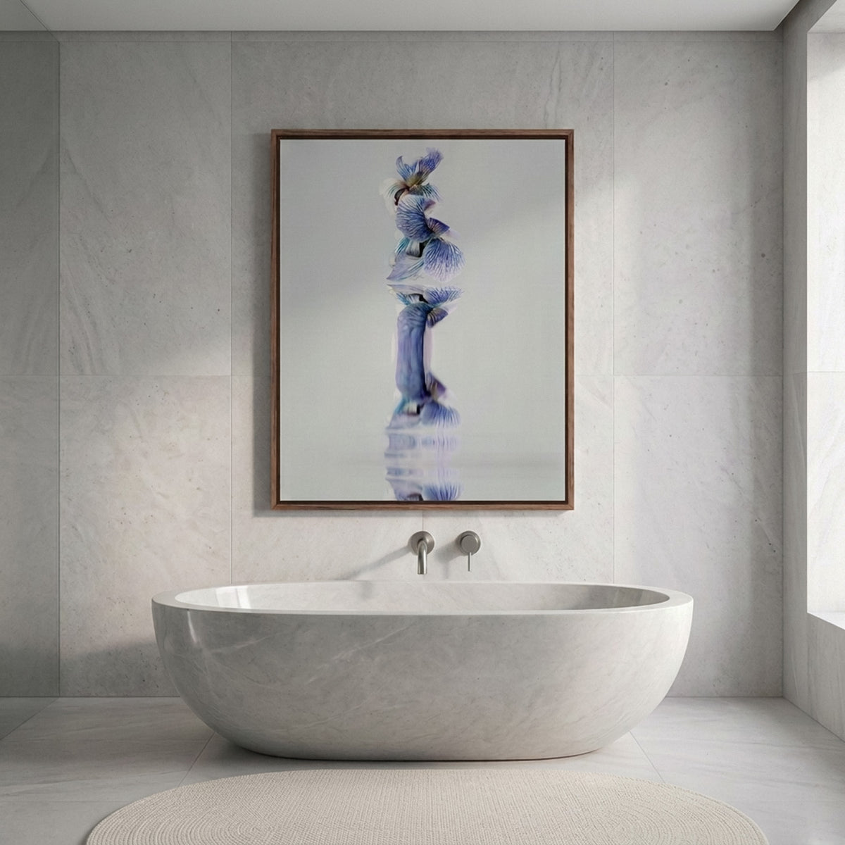 Narcisse 16 – blue wild flowers fine art print in an interior, walnut floater frame | Beau Edition