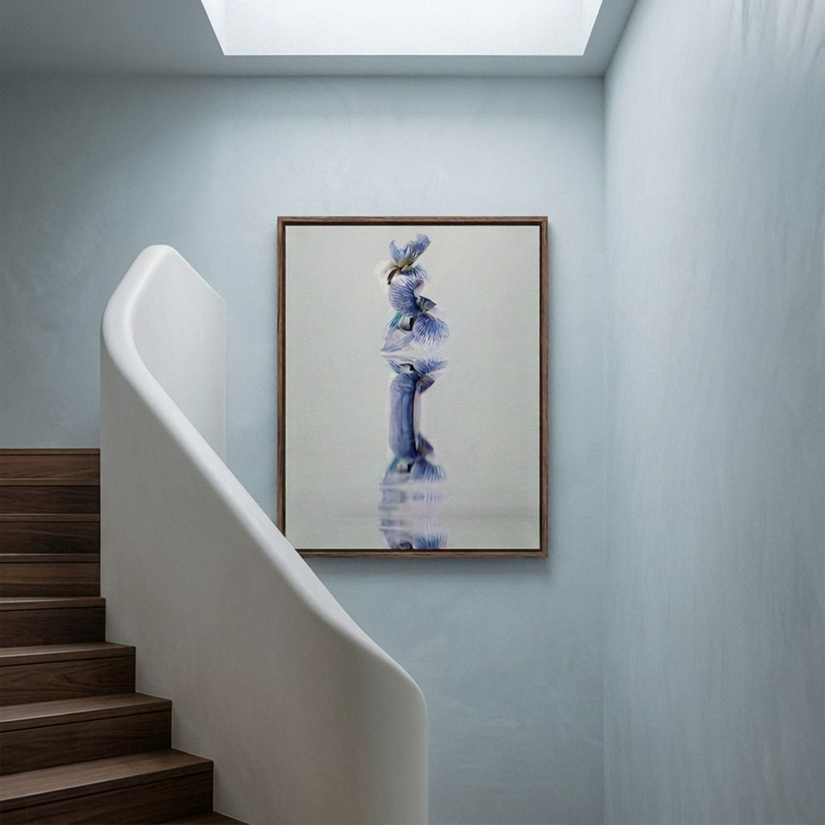 Narcisse 16 – blue wild flowers fine art print in an interior, walnut floater frame | Beau Edition