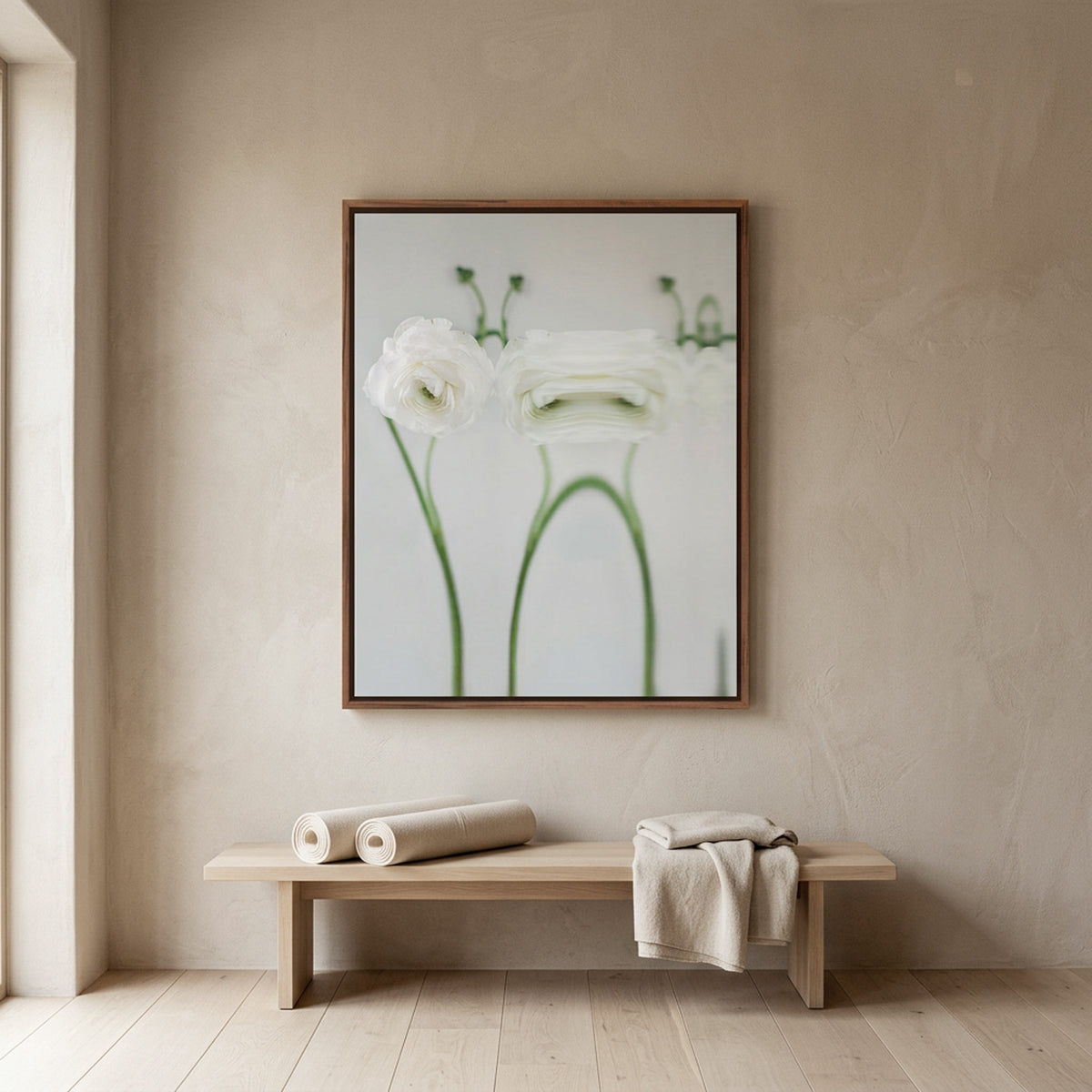 Narcisse 17 – white ranunculus fine art print in an interior, walnut floater frame | Beau Edition
