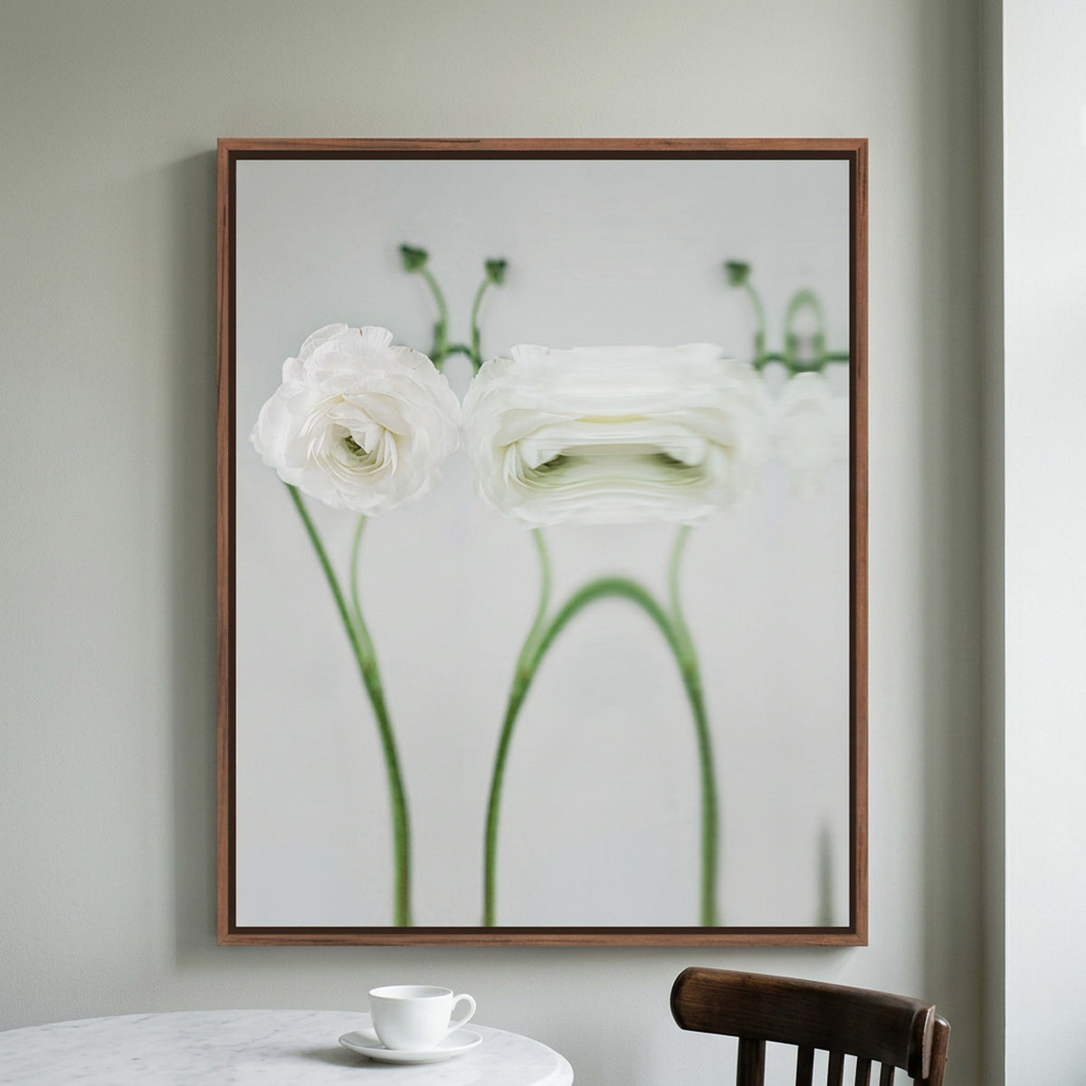 Narcisse 17 – white ranunculus fine art print in an interior, walnut floater frame | Beau Edition