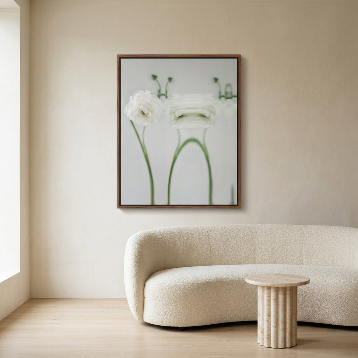 Narcisse 17 – white ranunculus fine art print in an interior, walnut floater frame | Beau Edition