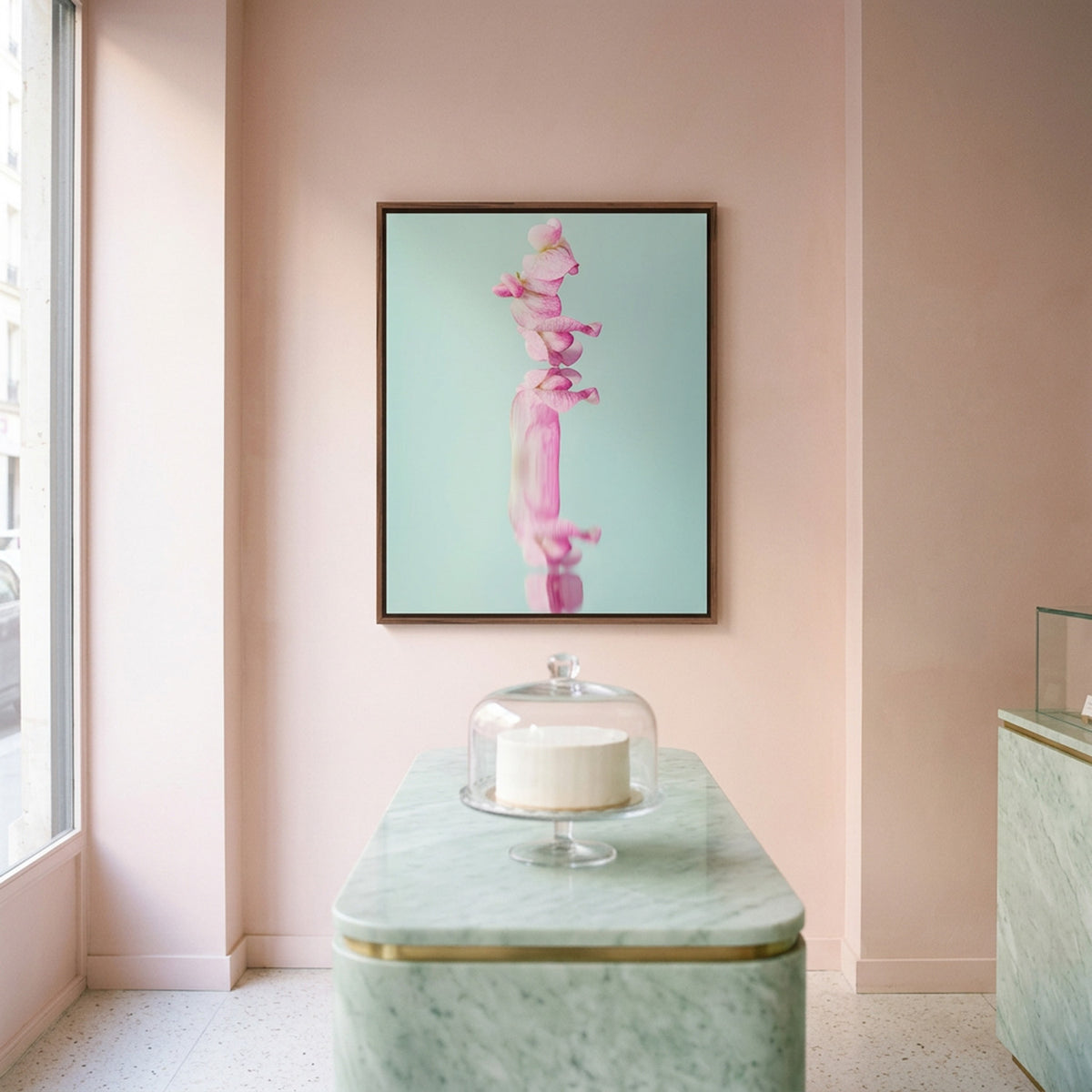 Narcisse 18 – pink sweet pea fine art print in an interior, walnut floater frame | Beau Edition