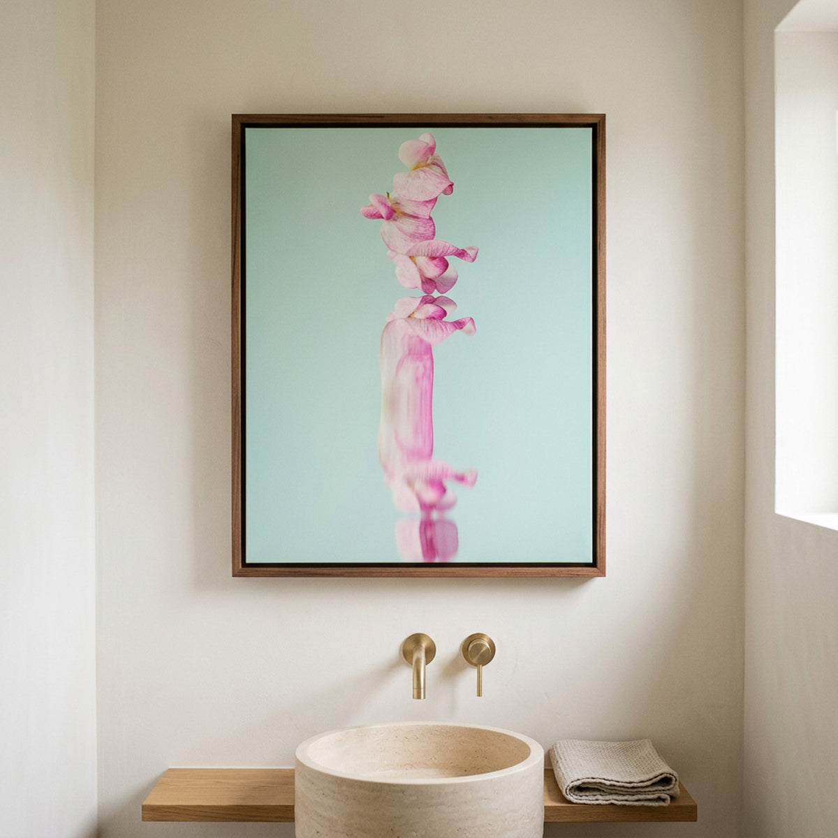 Narcisse 18 – pink sweet pea fine art print in an interior, walnut floater frame | Beau Edition