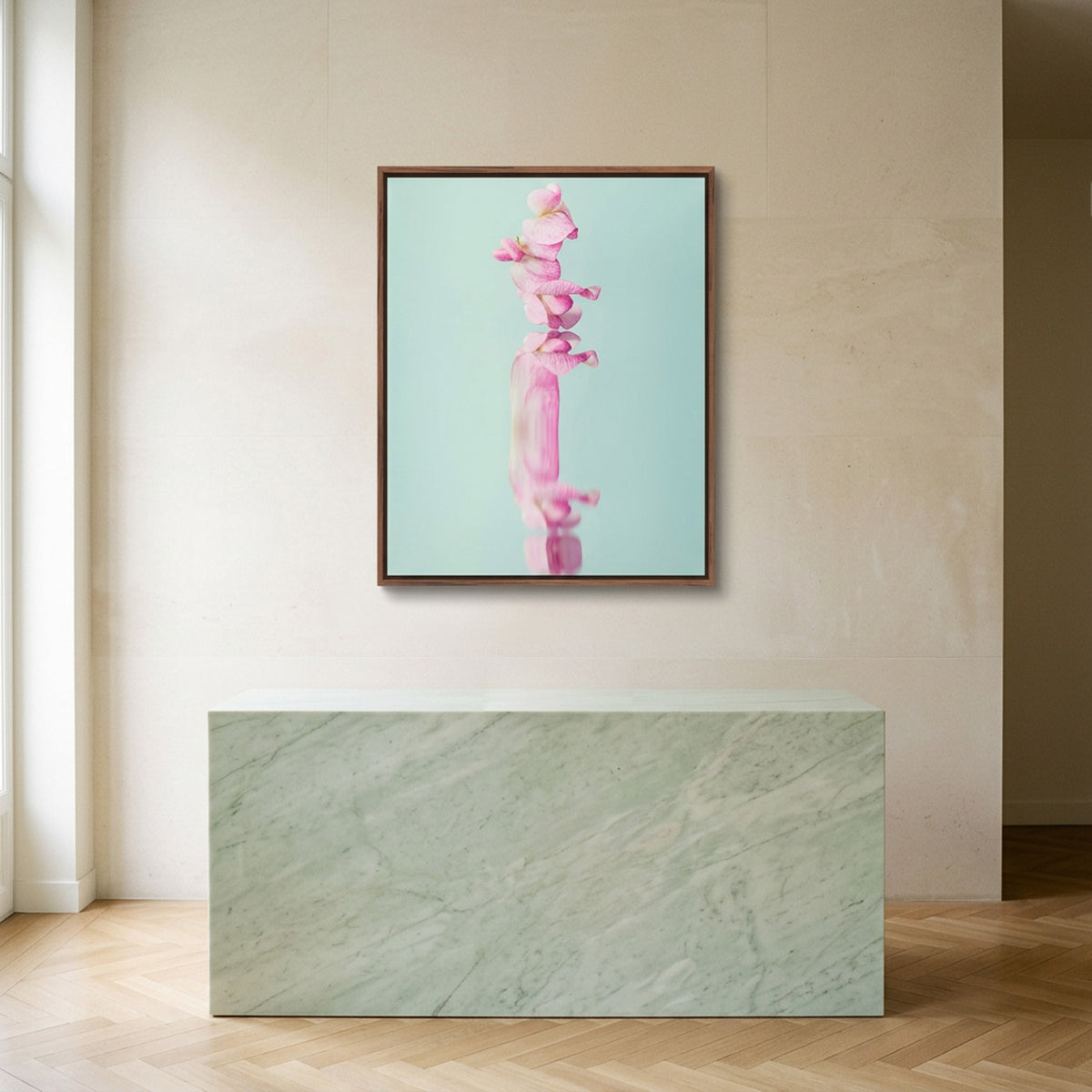 Narcisse 18 – pink sweet pea fine art print in an interior, walnut floater frame | Beau Edition