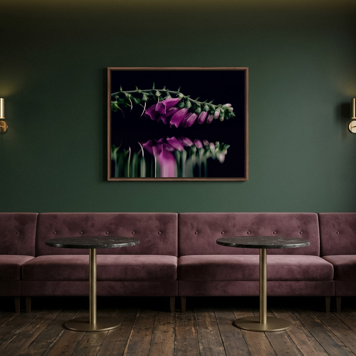 Narcisse 19 – wild foxglove fine art print in an interior, walnut floater frame | Beau Edition