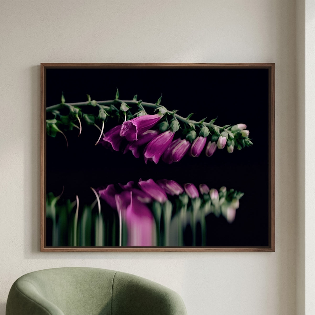 Narcisse 19 – wild foxglove fine art print in an interior, walnut floater frame | Beau Edition